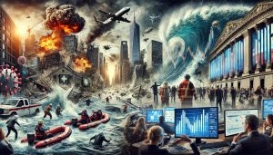 Ein Bild das verschiedene globale Krisen wie Naturkatastrophen, Finanzkrisen, Pandemien, Cyberangriffe und politische Unruhen visuell darstellen. Es zeigt die dramatischen Auswirkungen auf Wirtschaft, Versicherungen und Gesellschaft.